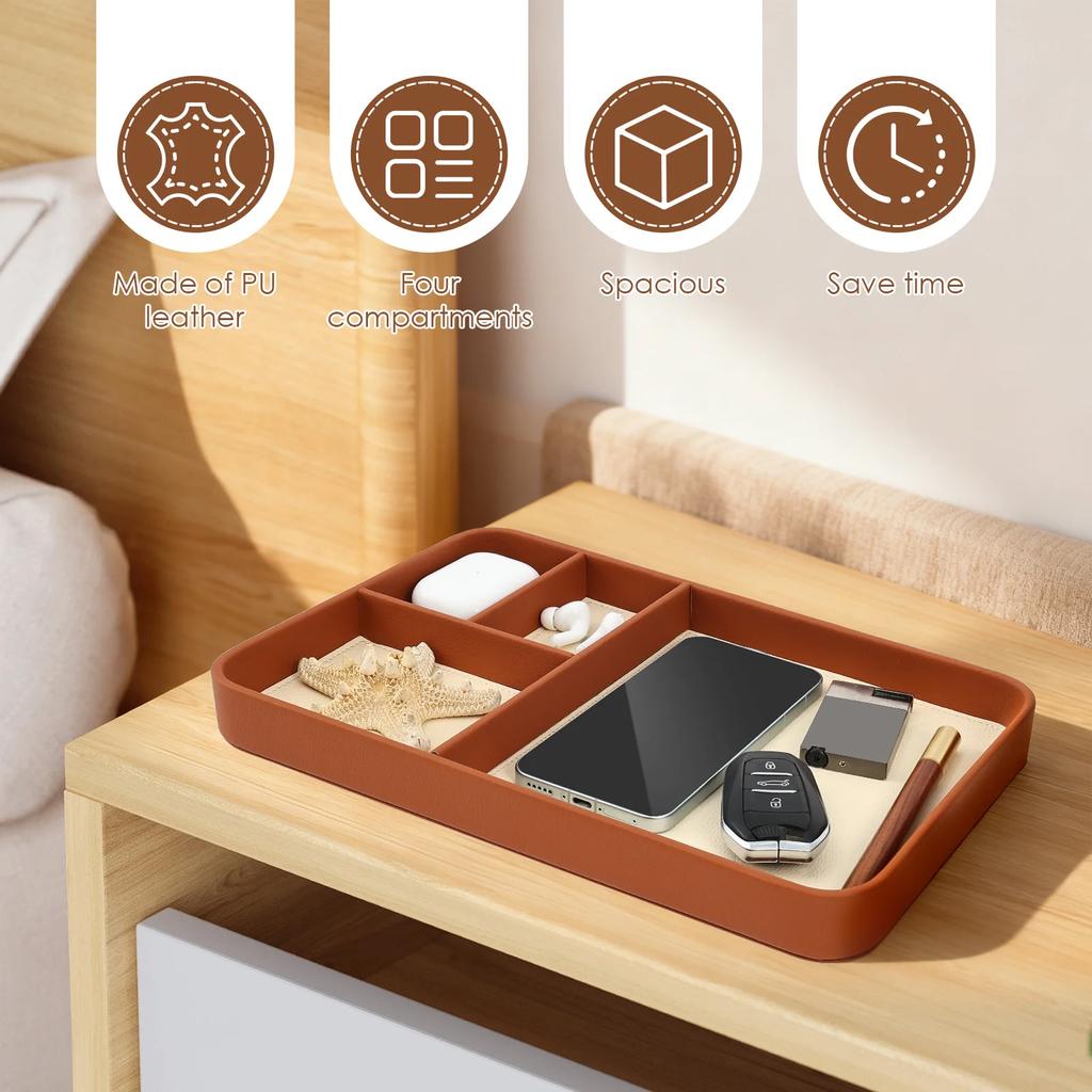 4-Compartment Storage Tray Stylish PU Leather Tray Multipurpose Bedside Desk Holder Decorative Entryway Tray for Phone Key Watch