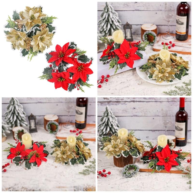 Holiday Elegant Centerpiece Flower Wreath Desktop Candle Stick Decoration For Christmas, 5Pieces Set