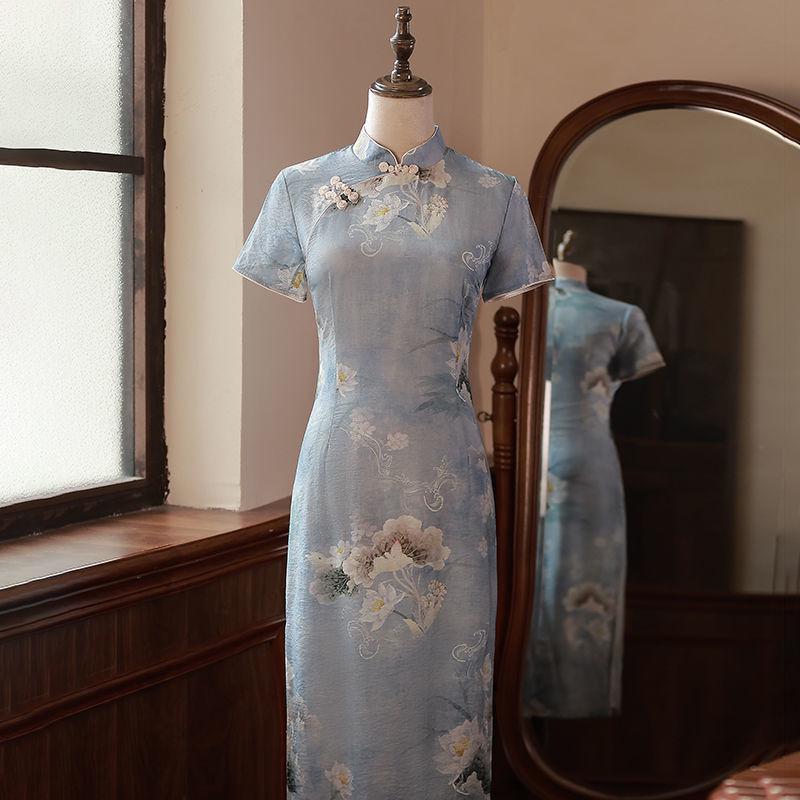 Elegant Blue Retro-Style Cheongsam for Girls - 2024 New Small Size
