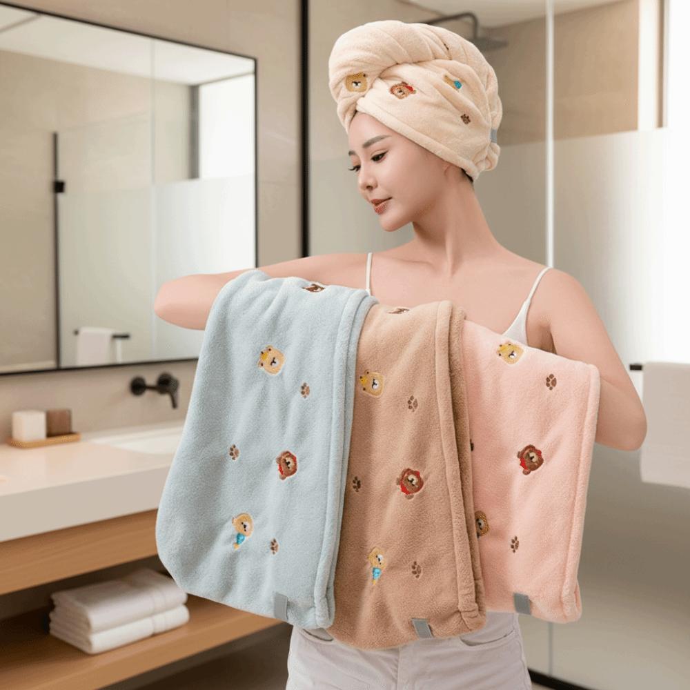 Fashion Bear Embroidered Shower Cap Thickened Cartoon Hair Drying Cap Absorbent Extra-Large Head Wrap Shower Use