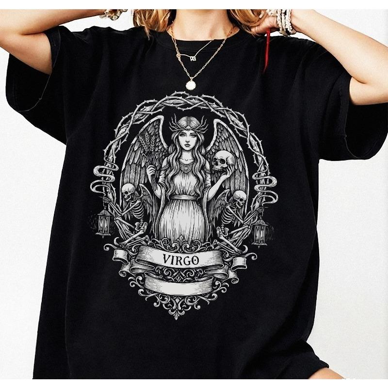 

Virgo Zodiac Shirt Gothic Astrology Tee Birthday Gift Summer Loose and Breathable Tshirt Top Unisex Pure Cotton Top S
