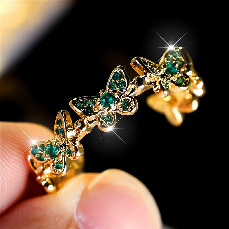 Cute Female Small Green Butterfly Adjustable Ring Vintage Yellow Gold Color Engagement Wedding Jewelry For Women
