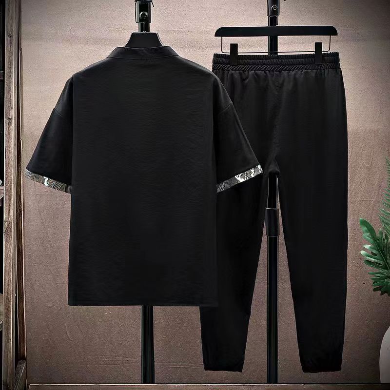 (Hemd + Hose)Sommer Kurzarm Herrenhemd Druckmuster Herren Freizeithemden mit elastischer Taille Herren Zweiteiler Größe XS-4XL