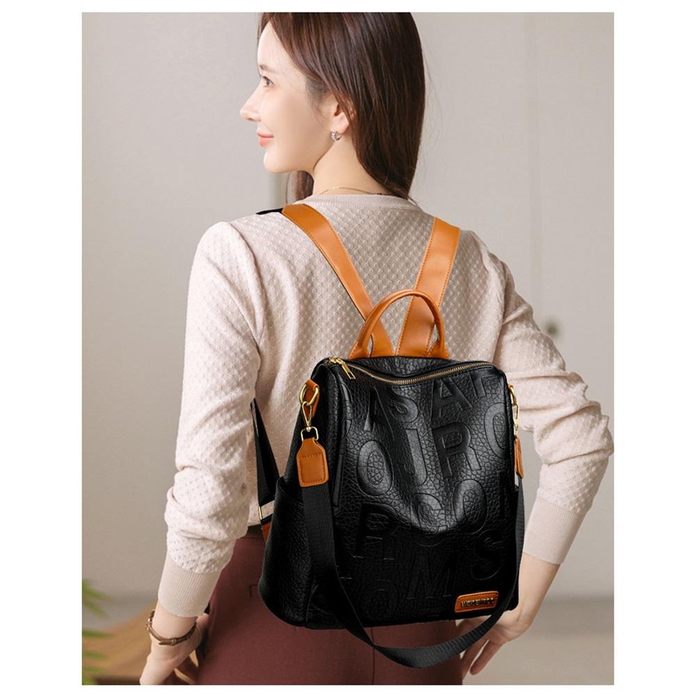 Embossed Letter Convertible Backpack For Women Color Block Casual Commuter Bag