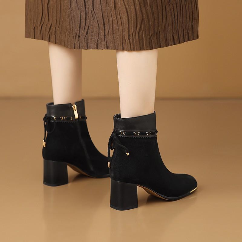Metal Collision Avoidance Square Toe Fashion Booties Fall New Suede Side Zip Non-Slip Heels