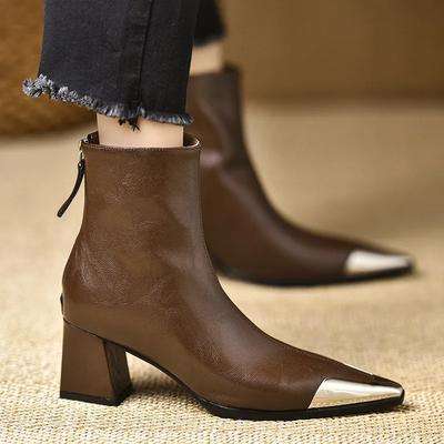 2025 Women's Shoes Ankle Women's Boots Elegant Modern Boots Women Metal Decoration Pointed Toe Back Zip High Heels Ladies Shoes