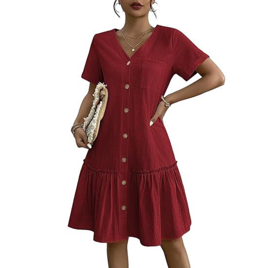 Women's Summer Cotton Linen Midi Dress Casual Short Sleeve V-Neck Button Down Dress Flowy Ruffled A-Line Beach Sundress