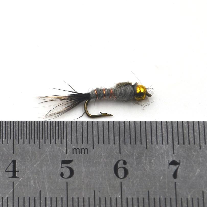 MNFT 10 Stück 12# Goldene Perlenkopf Graue Hasenohr Schwarzer Schwanz Nymphe Fliege Forellen Fliegenfischen Köder