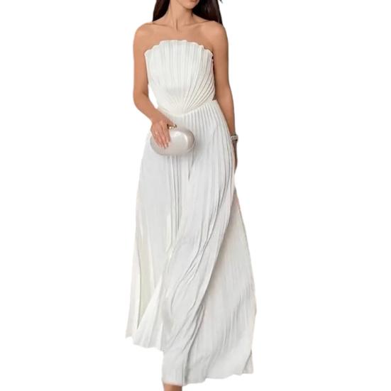 Summer Pleated Chiffon Dress for Women Shell Design Strapless Tube Top Maxi Flowy Dress Backless Formal Wedding Guest Dress S