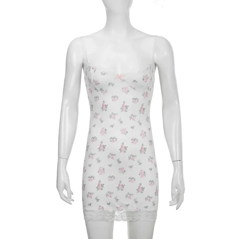 Coquette Aesthetic Spaghetti Strap Lace Floral Dress Sweet Y2K Bodycon Night Dresses Beach Holiday Casual Robe Sexy