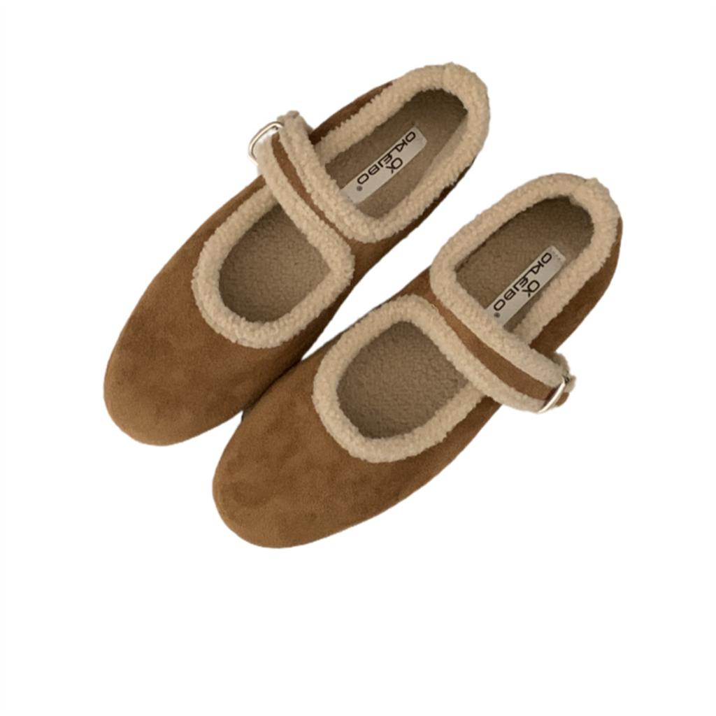 2025 autumn and winter new retro round head fashion plush one-word buckle single shoes women's plush warm soft-soled flat-soled single shoes