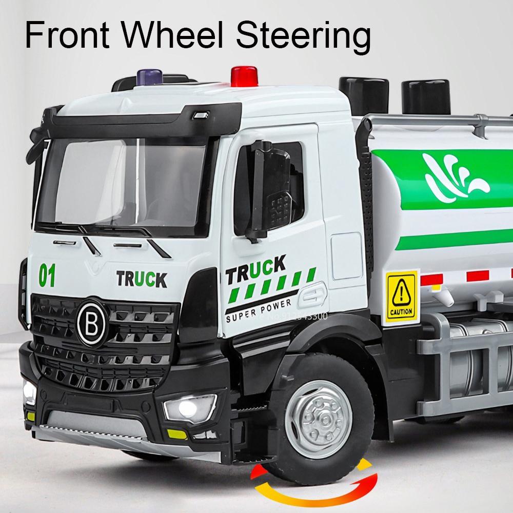 1:32 Garbage Car Model Toy Sound Light Wheel Steering Shock Absorption Urban Sprinkler Truck Models for Boys Birthday Gifts