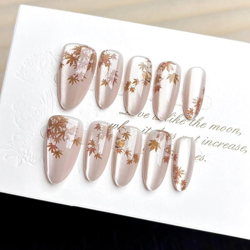 30Pcs Fall Press On Nails Medium Almond Red Maple Leaf Fake Nails with Gradient Designs Fall Leaves Stick On Nails Full Cover Autumn Acrylic Nails