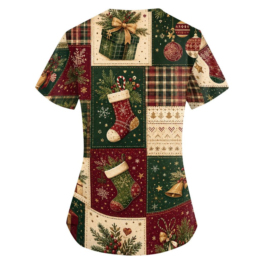Women's Christmas Uniform V-Neck Short Sleeve Work Top for Caregiver