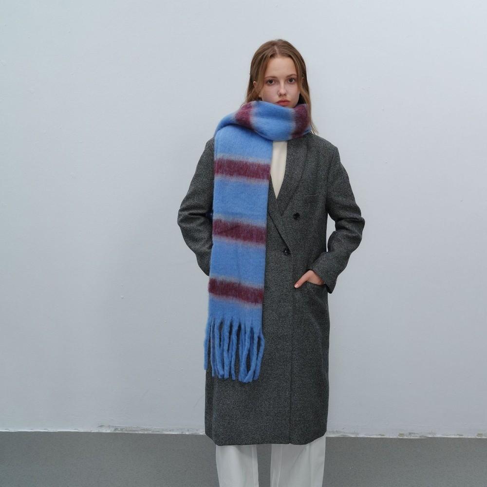 Long Stripe Wool Scarf Plush Women Cape Elegant Warm Wraps  Autumn