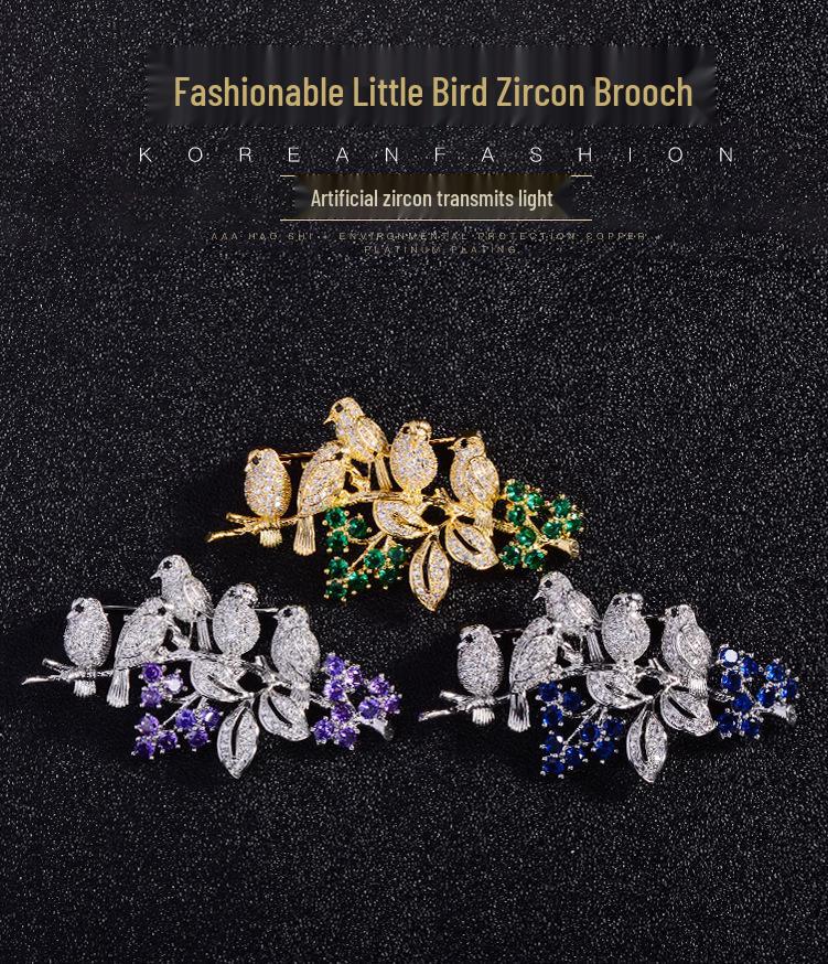 Chinese Magpie & Flowers Zircon Brooch – Exquisite Cheongsam Accessory