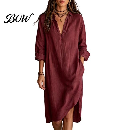 Mid-length Dress Women s Summer Midi Shirt Dress, Long Sleeve V Neck Casual Fashionable Women Lapel Loose Tunic Beach Vacation Sundress with S