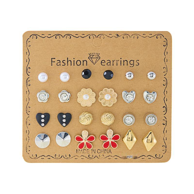12-Pair Rhinestone Stud Earrings Set: Flower, Heart, Star & Moon Designs