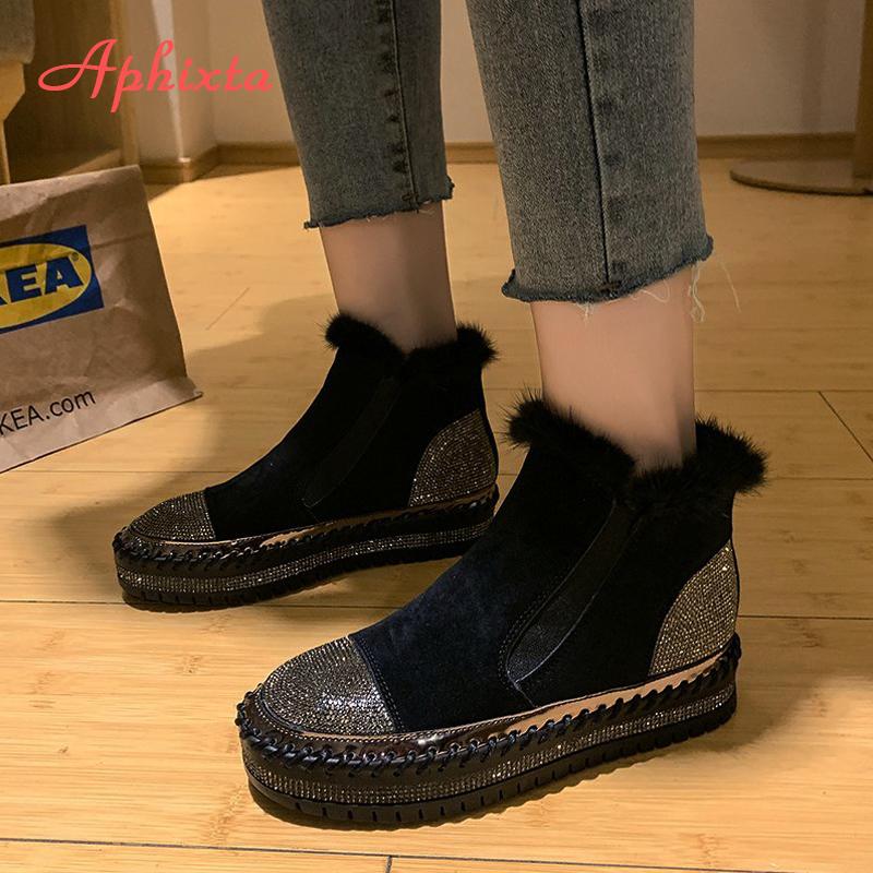 Fashion Aphixta Real Hair Warm Winter Crystals Shoes Woman Elastic Band Couple Chunky Sole Platform Big Size 44 Waterproof Ankle Boots