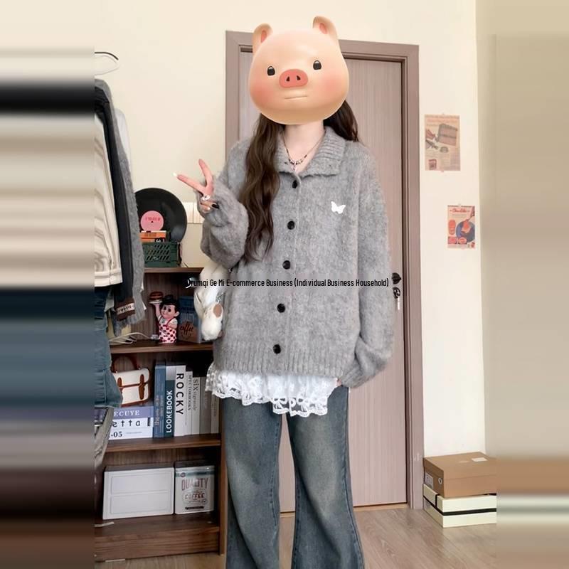 2025 Korean Style Grey Knit Turn-Down Collar Cardigan for Women