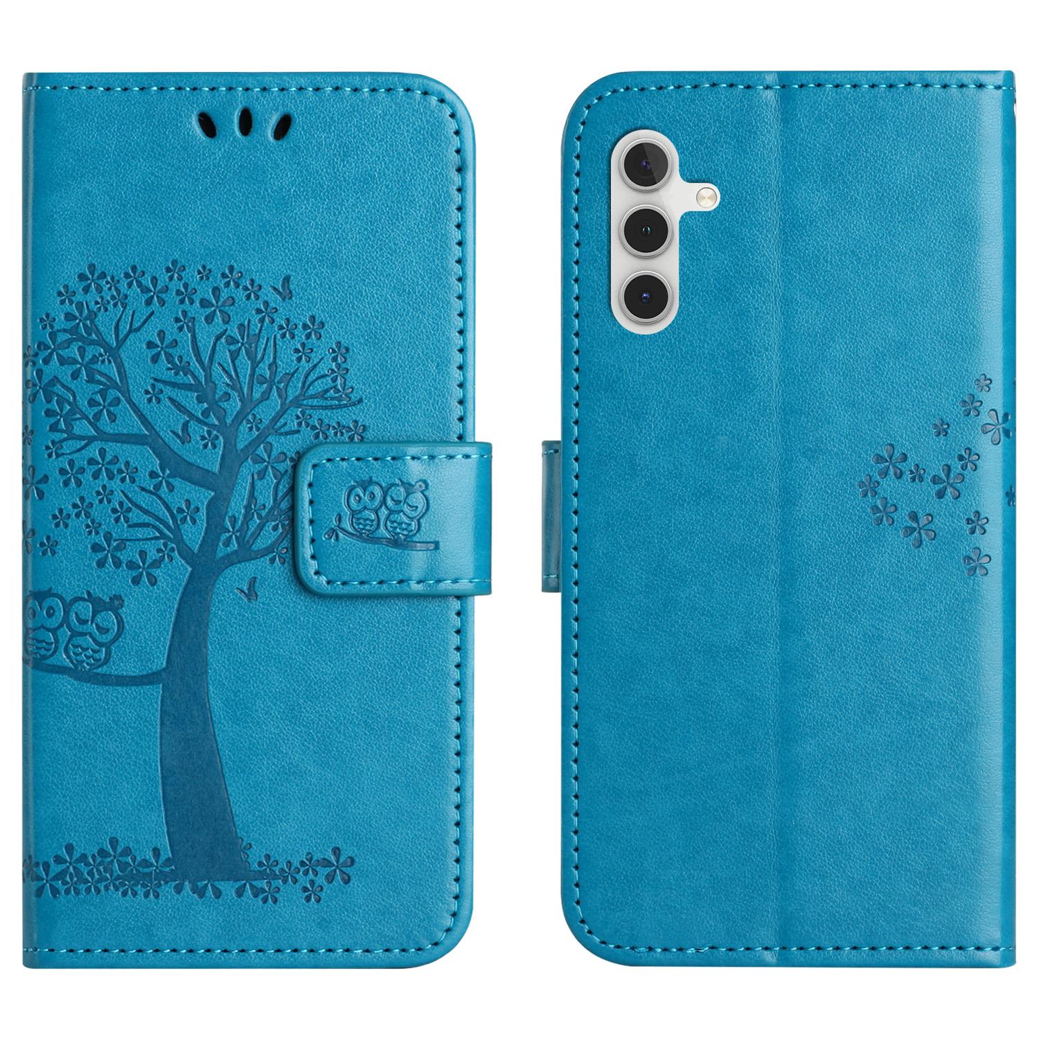 

For Samsung Galaxy S25 FE Case PU Leather Owl Tree Imprinted Wallet Phone Cover with Strap Blue