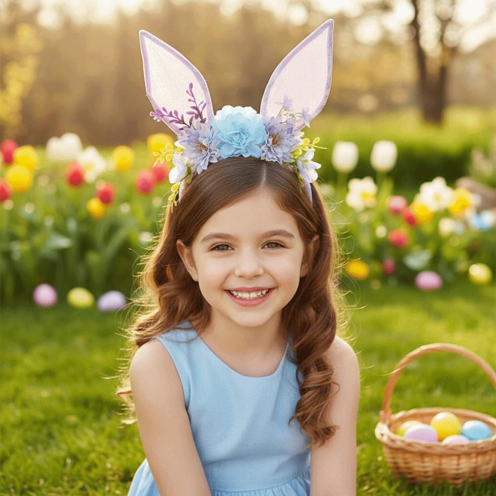 Flower Rabbit Ears Headband Floral Colorful Easter Headwear Cute Headpiece Photography Props Bunny Ears Hair Hoop