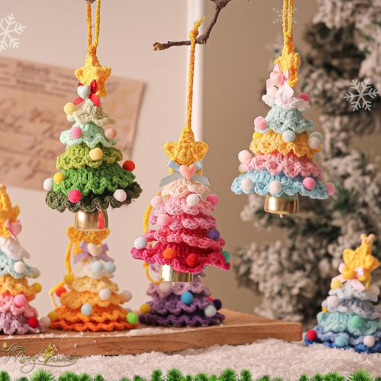 Knitted Christmas Tree Ornaments Mini Crochet Christmas Tree Hanging Pendant with Gold Jingle Bell for Holiday Home Party Decoration