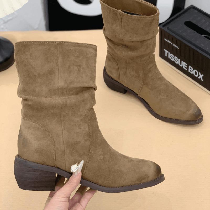 High Heel Pointed Suede Khaki Skinny Short Boots Women's Shoes New Pile Boots Spring and Autumn Single Boots