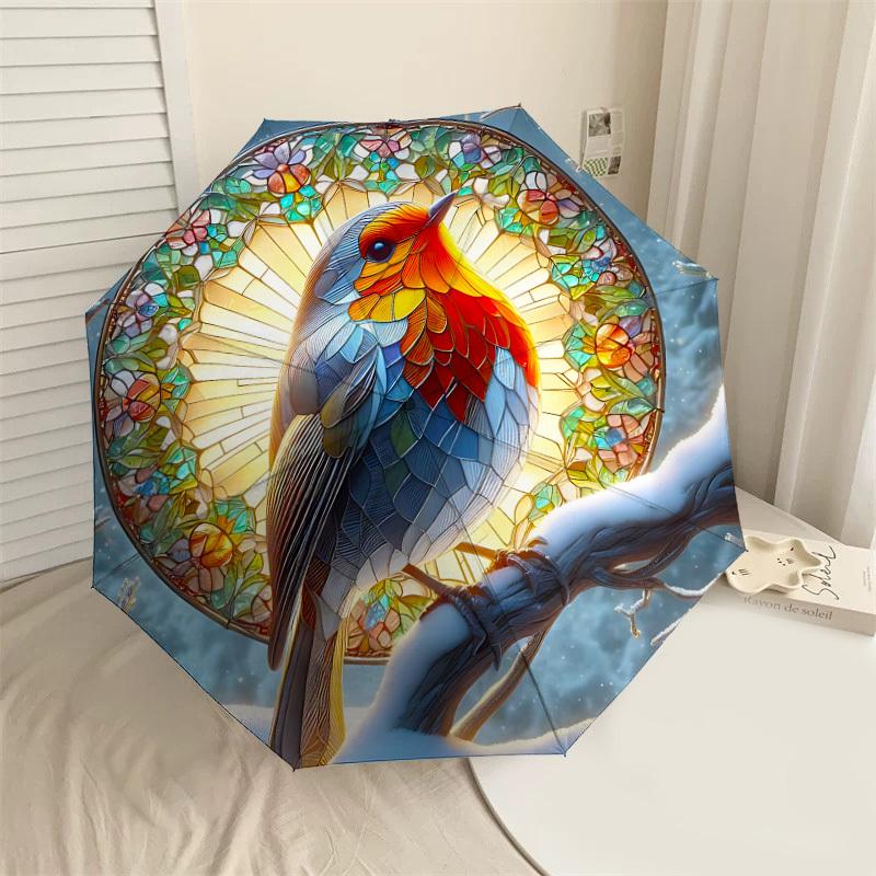 

1PC Stained Glass BirdAutomatic Open/Close Umbrella with Windproof, 8-Rib Sturdy Canopy, Durable Ribs, Fashionable Design, Outdoor Accessory, Fun Prin