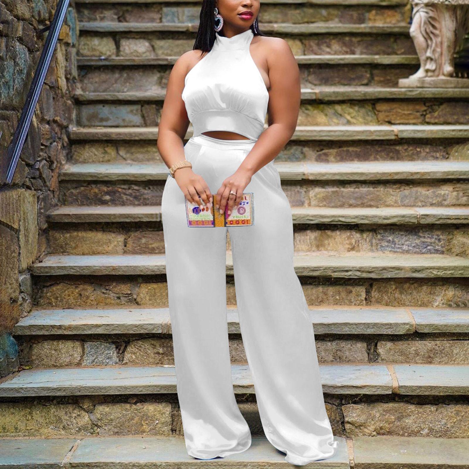 

Женский сексуальный атласный комплект из двух предметов с открытым пупком и открытой спиной, укороченный топ с открытой спиной, комплект с широкими брюками, блестящий комбинезон, комбинезон L белый