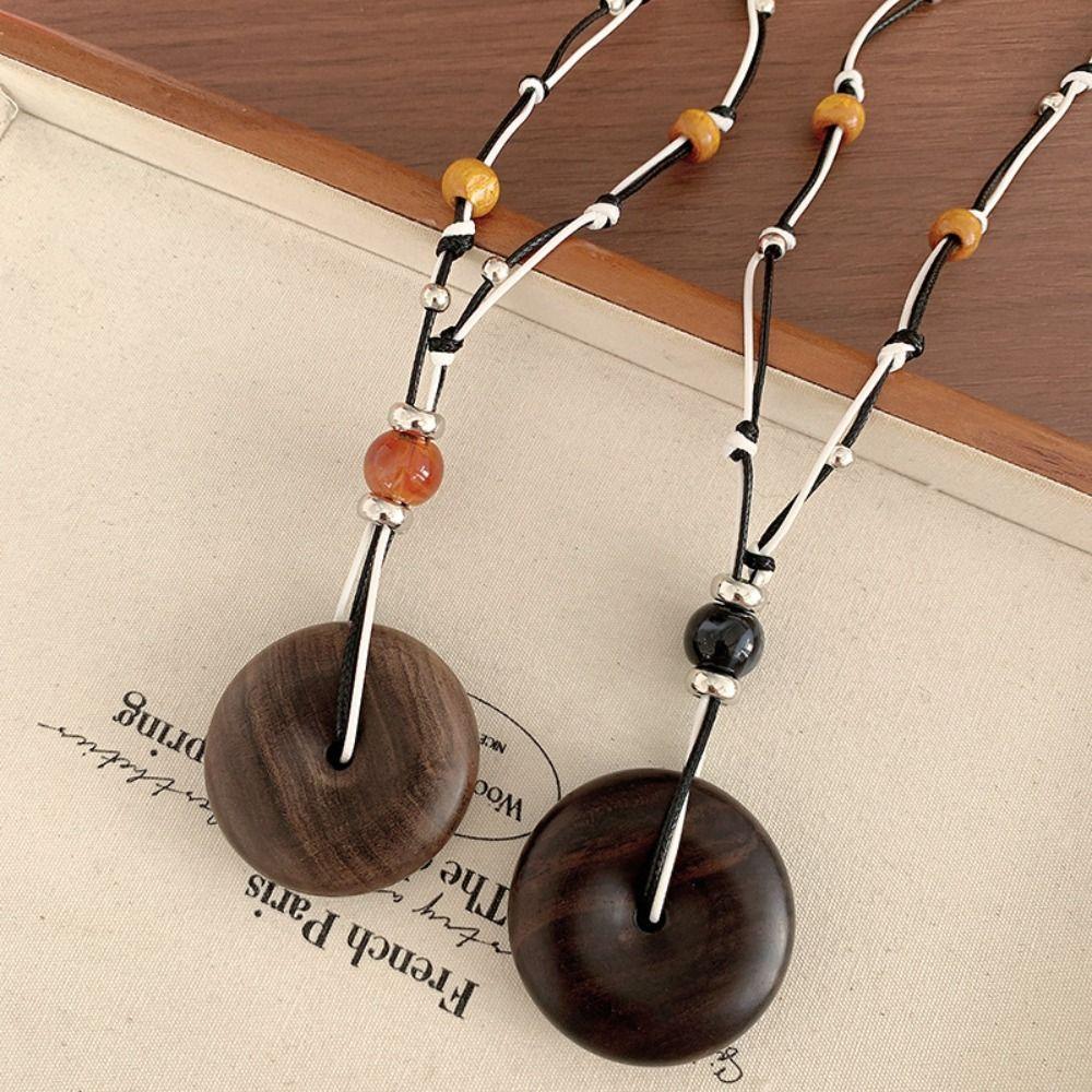 Auspicious Cloud Vintage Wood Necklace Adjustable Long Necklace for Women Jewelry
