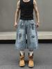 Unisex American Street Graffiti Print Denim Shorts - Trendy, Loose-Fit, Retro-Style Cropped Summer Shorts