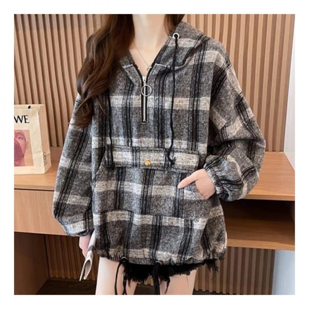 Navava Loose Fit Check Pocket Long Sleeve Hoodie Nt1989