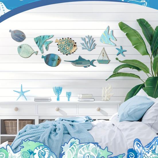 10Pcs/Set Fish Wall Decoration Coastal Style Wooden Fish Beach Theme Wall Art Fish Ornament for Walls Doors Bedrooms Living Rooms