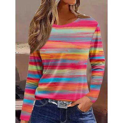 Damen T-Shirt Langarm Grafik Geometrisch Gestreift Vintage Stilvoll Klassisch Langarm Rundhalsausschnitt Rundhalsausschnitt Normale Oberteile