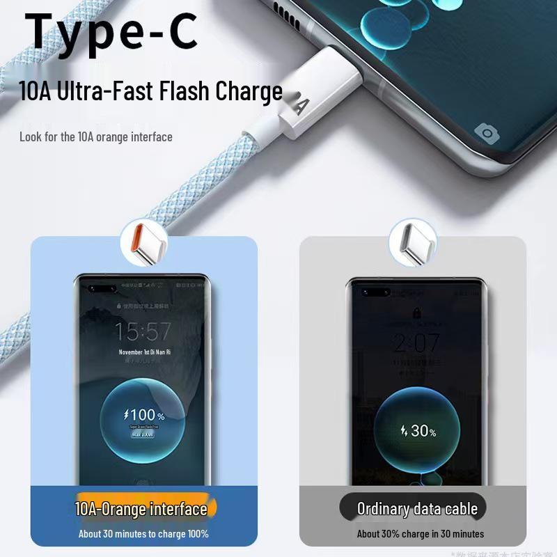 240W Super Flash Charge Braided Type-C Cable for Apple, Huawei, Xiaomi (10A).
