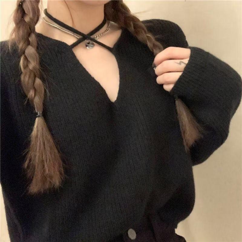 

Short V-neck sweater knitted sweater women s clothing autumn new design loose outer top One size fits all [70-62.5 kg] чорний