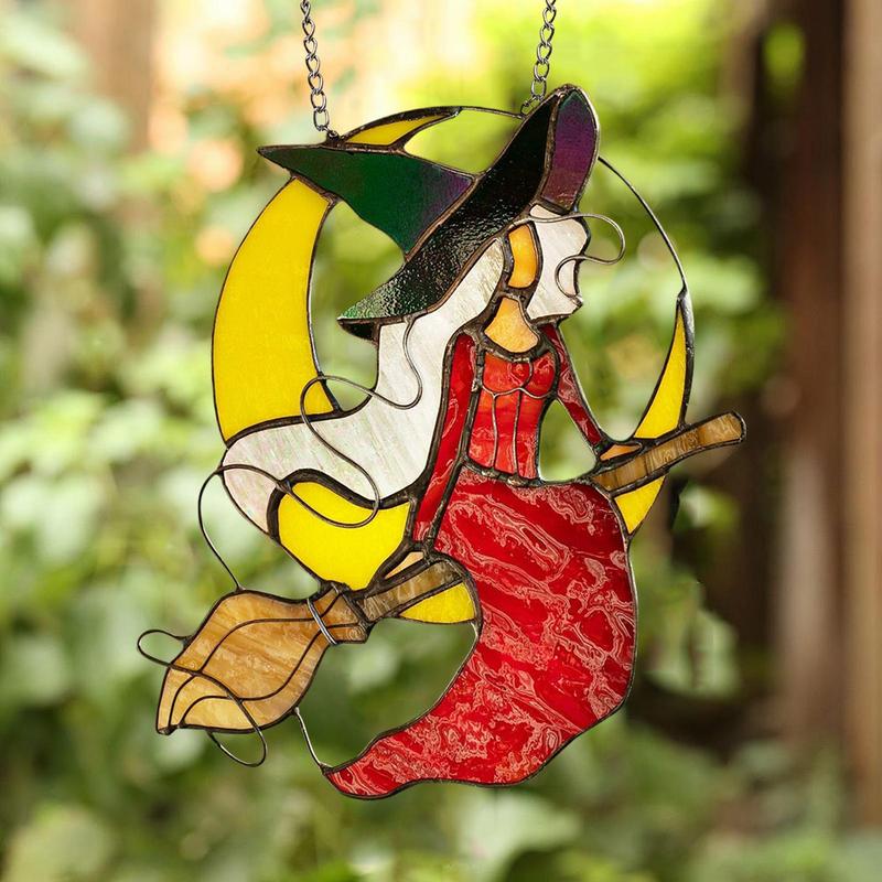 Witch Stained Glass Halloween Witch Decor Riding Moon 2D Witch On Moon Decor Acrylic Home Witch Gothic Decor For Bedroom Kitchen