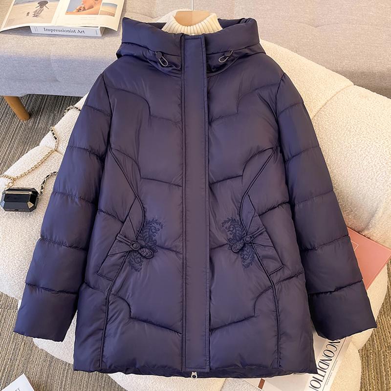 

Женские куртки среднего возраста, зимние парки больших размеров с капюшоном 2024 года, элегантные свободные толстые теплые верхние одежды, женское пальто 4XL фиолетовый