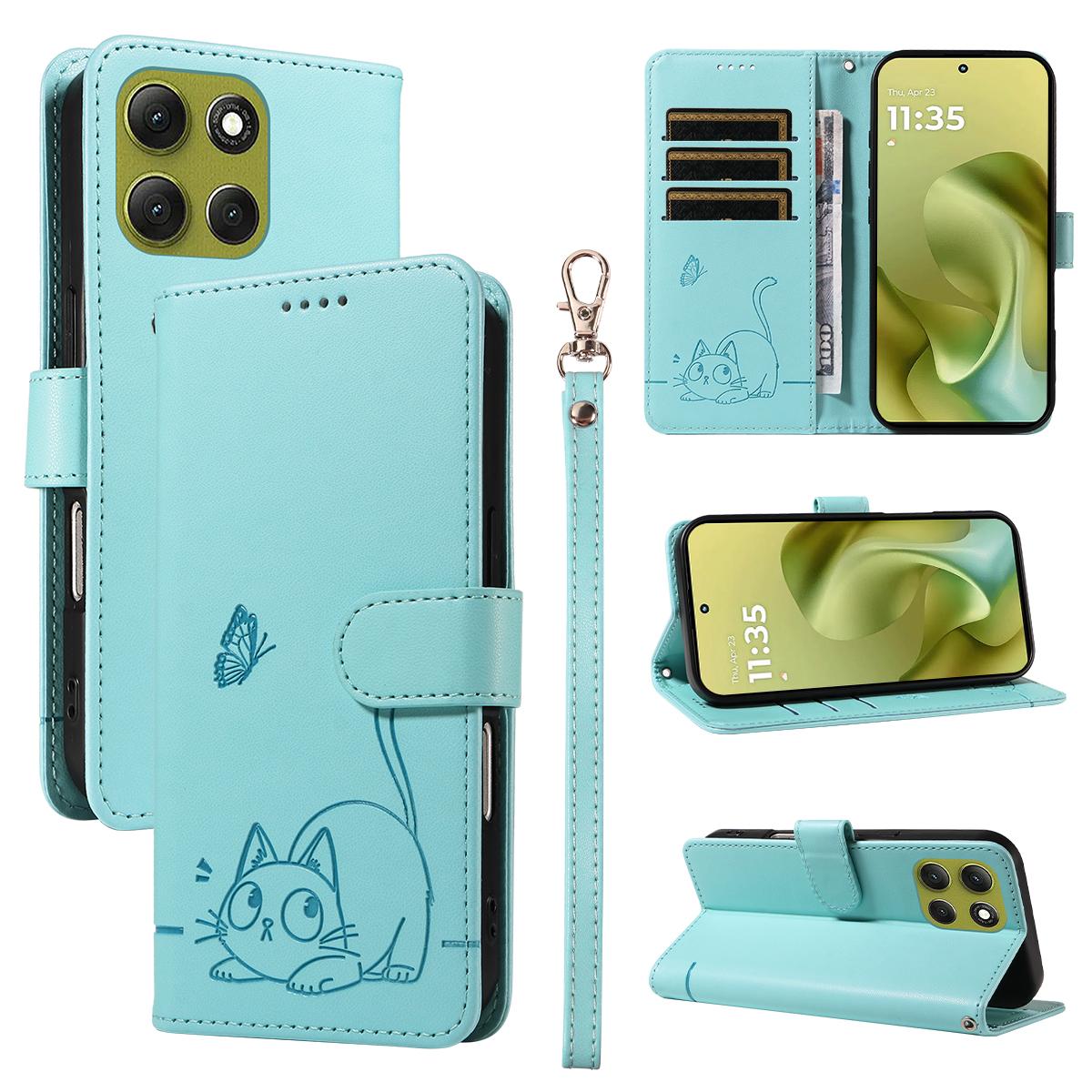 

Чехол для Motorola Moto G86 5G/G86 Power 5G Кожаный чехол для телефона с тиснением в виде кошки и ремешком на запястье Green