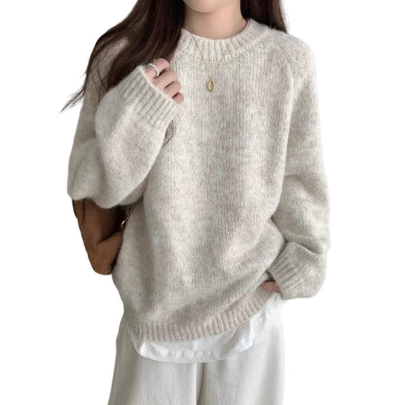 Autumn Winter Women Sweater Soft Round Neck Loose Knit Pullover Long Sleeve Casual Solid Color Thick Top