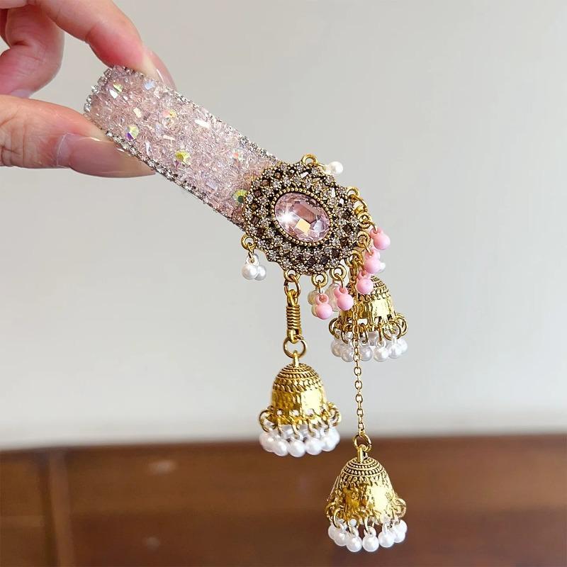 

Vintage Rhinestone Bell Tassel Hair Clips Heavy Crystal Ethnic Forehead Side Bangs hairpin for Women