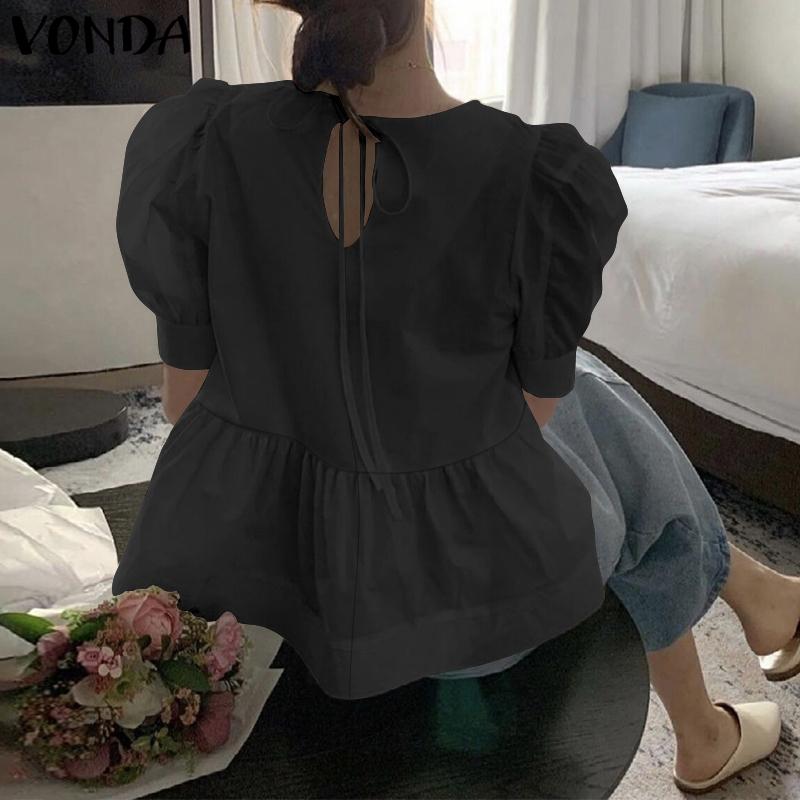 VONDA Women Summer O Neck Puff Short Sleeve Solid Color Casual Pleated Blouses