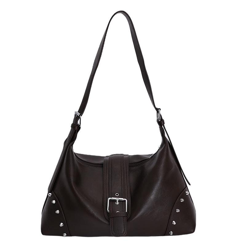 Women's Cross-Border Retro Motorcycle Bag with Rivet Decor & Belt Buckle - Stylish Single Shoulder Underarm Handbag