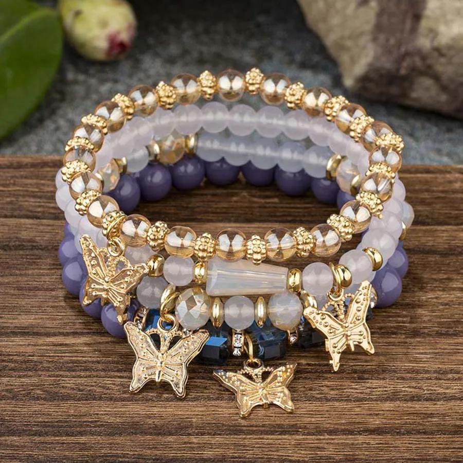 4PCS Bohemia Butterfly Charm Bracelet Set For Women Acrylic Beads Elastic Chain Bangle Men Wristband Fashion Party Jewelry Gift