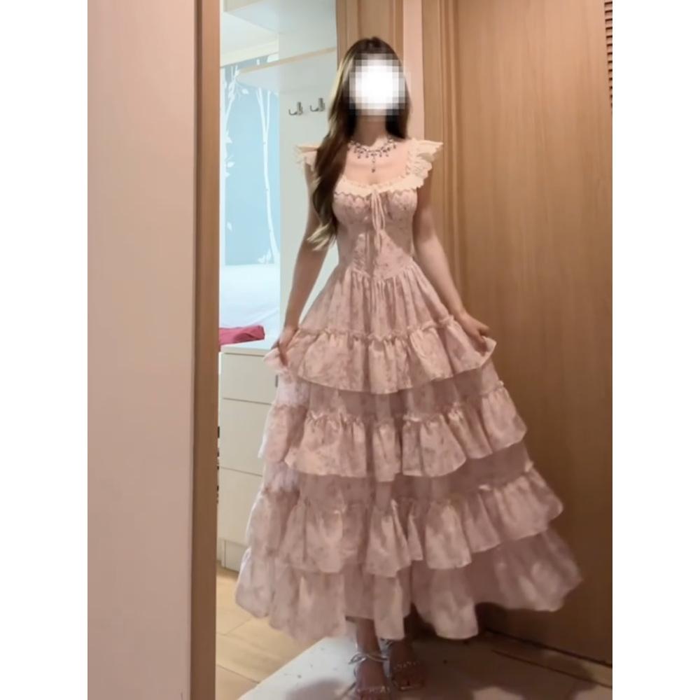 Sweet and Gentle Little Fly Sleeves Pink Floral Dress Female Summer Fugitive Princess Cake Dress Waist Fluffy Suspender Dress