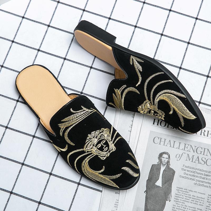 

Роскошные мужские вышитые плоские тапочки, уличные кожаные туфли, модные садовые туфли, сандалии, элегантные мужские туфли высокого качества 44