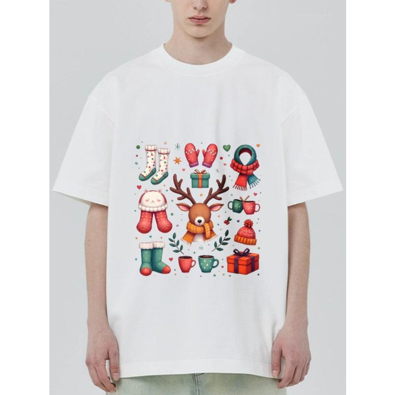 Christmas Theme T Shirt Black Reindeer Socks Mittens Scarf Gift Boxes and Mugs Print for Holiday Season Winter Festive Outfit