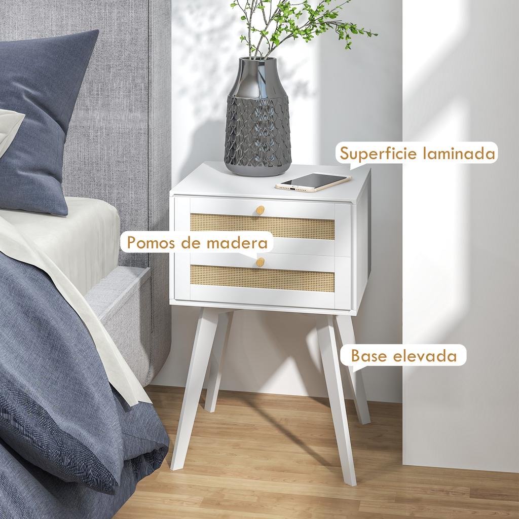 White Bedside Table Nightstand with 2 Drawers Cannage Style Small Side Table 40x40x60 cm