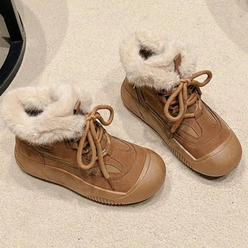 Platform Fur Ankle Snow Boots Women Cotton Shoes Flats Plush Warm Sneaker Winter Fad 2024 Trend Suede Casual Lace Up Botas Mujer